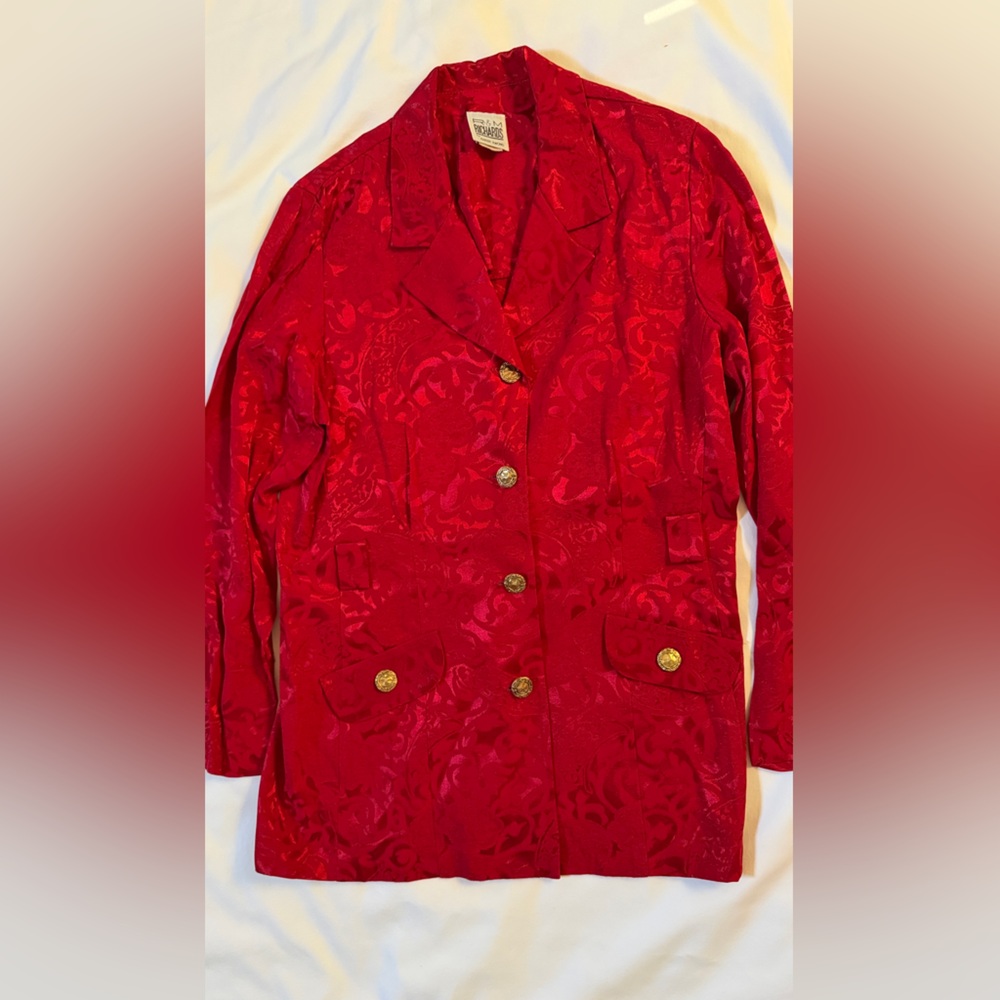 R&M Richards Red Damask Jacket Blazer Gold Buttons Vintage Women 12